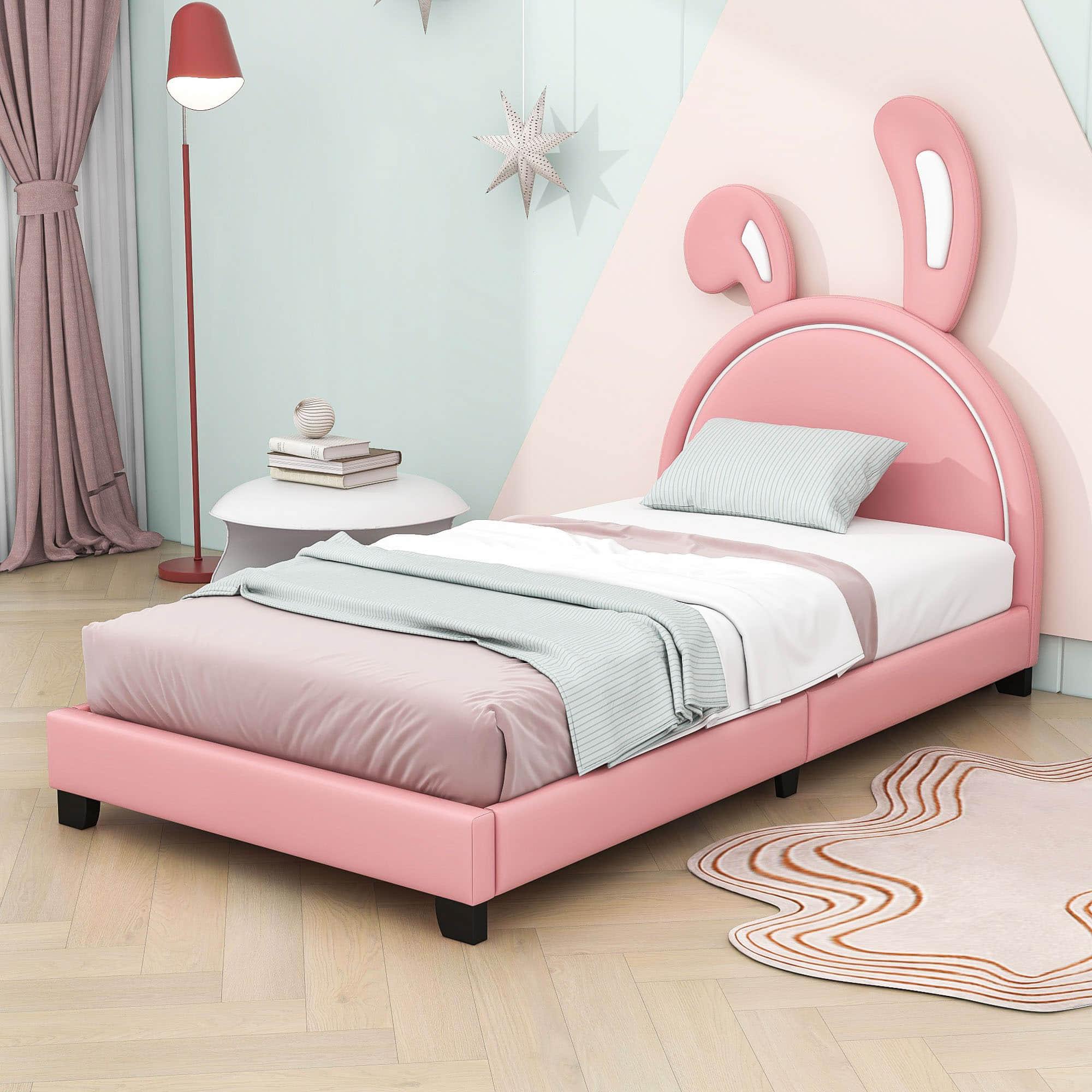 Cute Low Twin Girls Leather Upholstered Platform Bed with Headboard