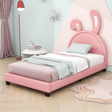 Cute Low Twin Girls Leather Upholstered Platform Bed with Headboard