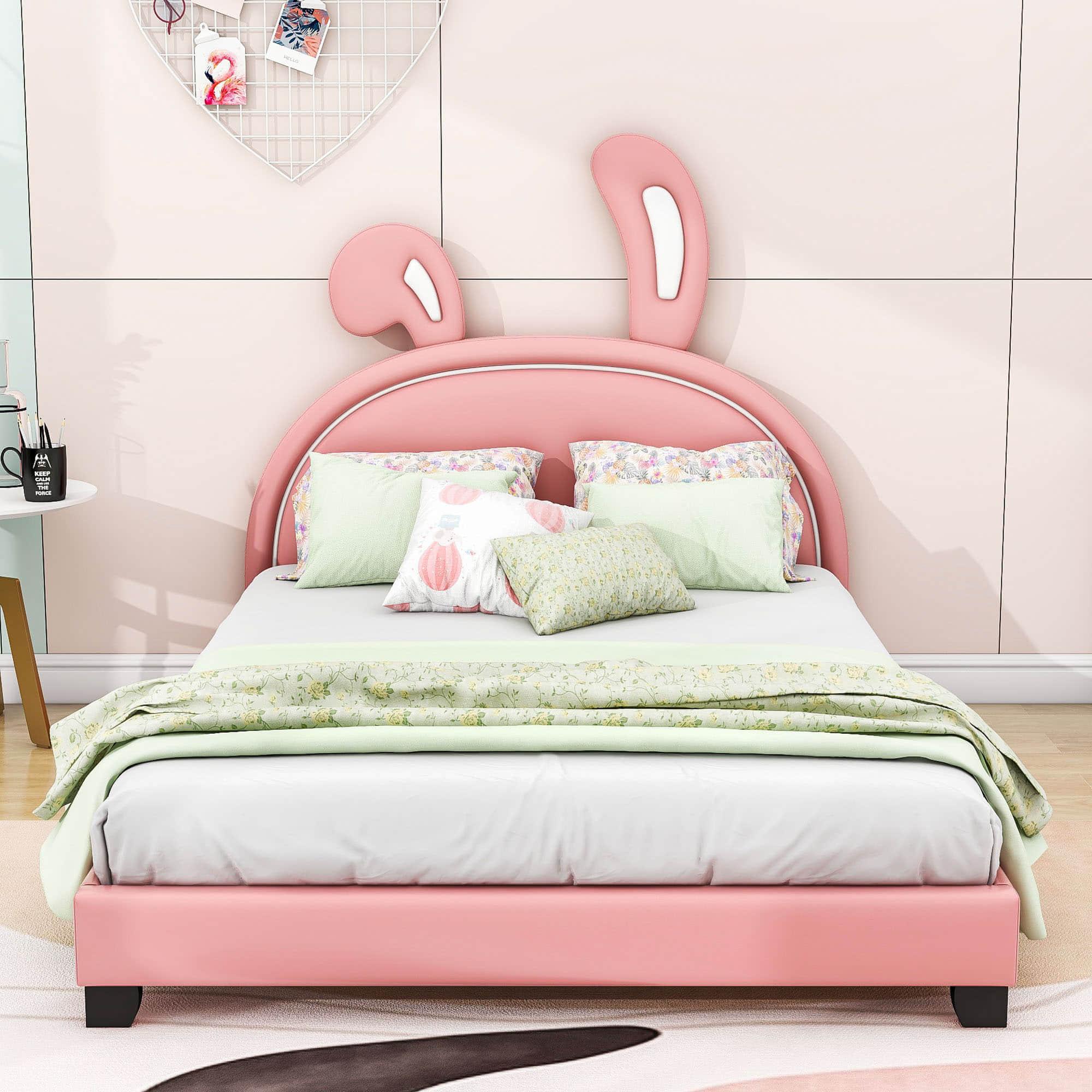 Cute Low Full Girls Leather Upholstered Platform Bed with Headboard