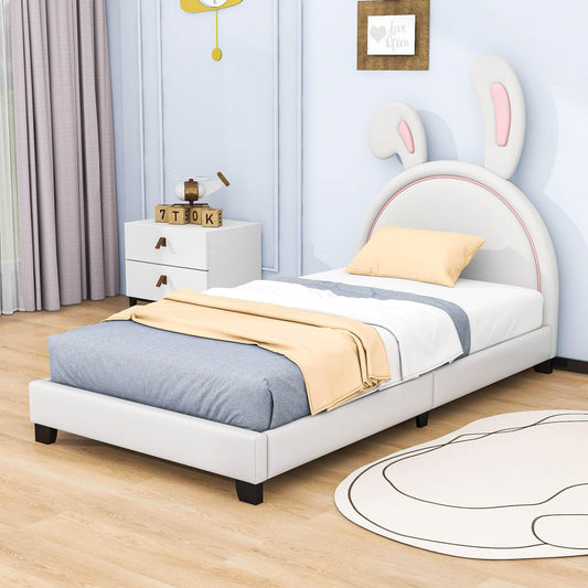 Cute Low Twin Girls Leather Upholstered Platform Bed with Headboard