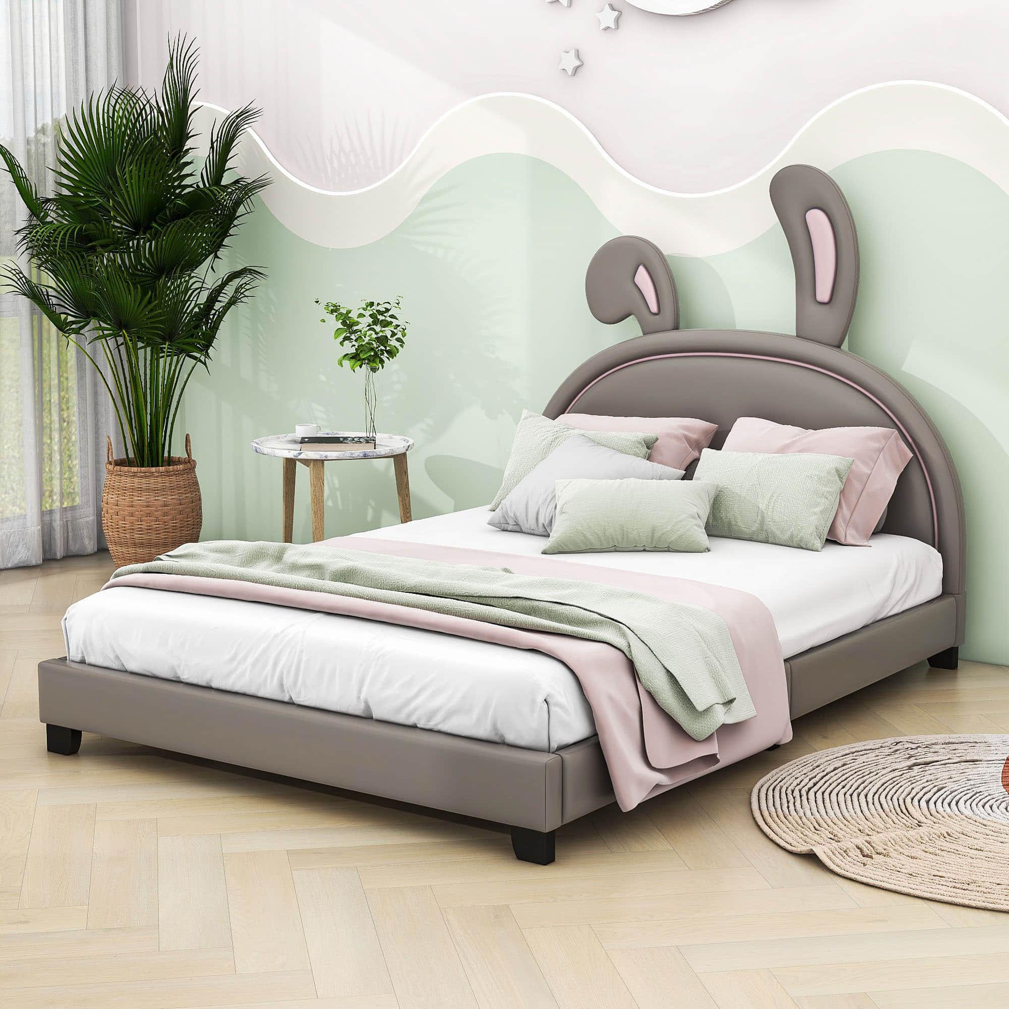 Cute Low Full Girls Leather Upholstered Platform Bed with Headboard