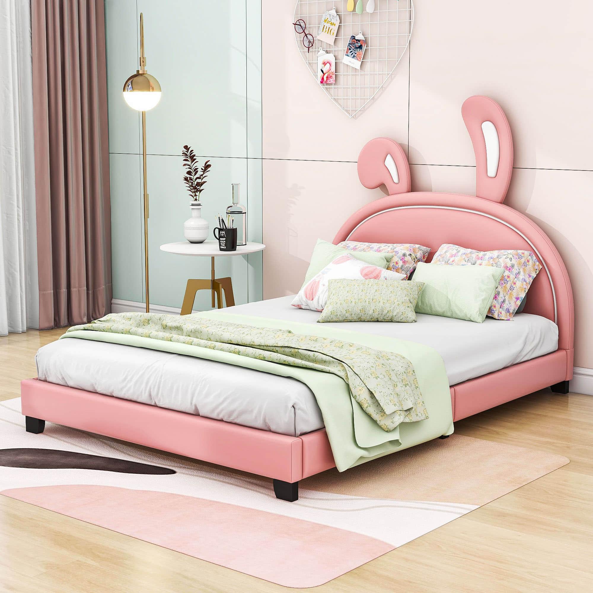 Cute Low Full Girls Leather Upholstered Platform Bed with Headboard