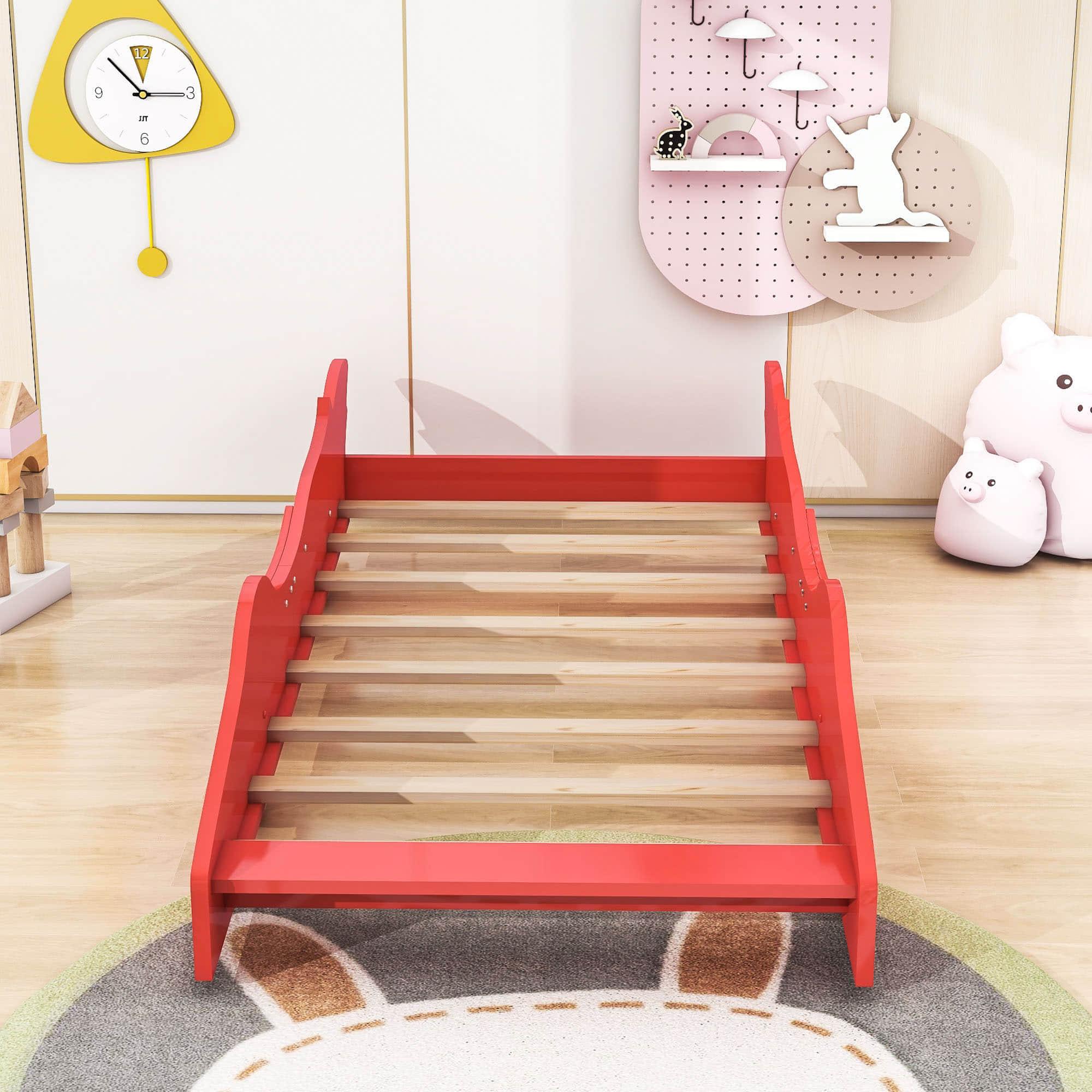 Wooden Low Twin Race Car Bed with Wheels for Toddler, Kids