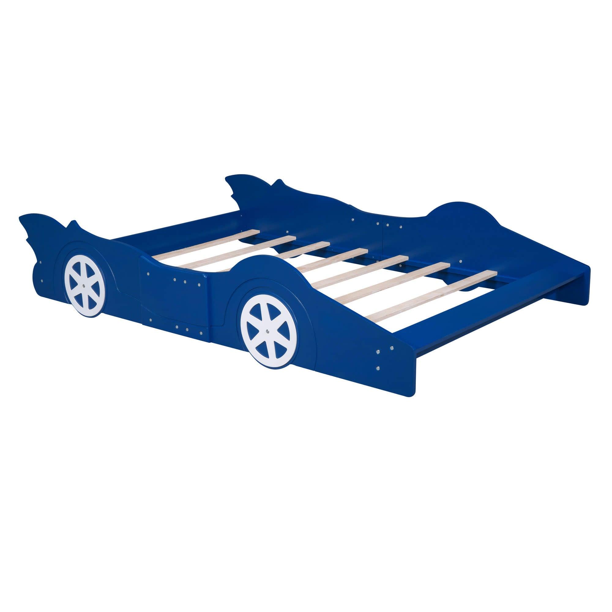 Wooden Low Full Size Race Car Kids Bed with Wheels for Toddler, Boys