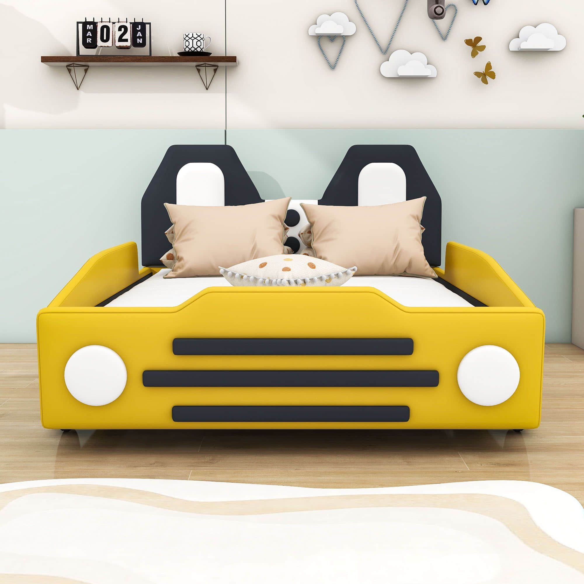 Twin Size Kids Upholstered Car Bed for Boys and Girls - [PU Leather]