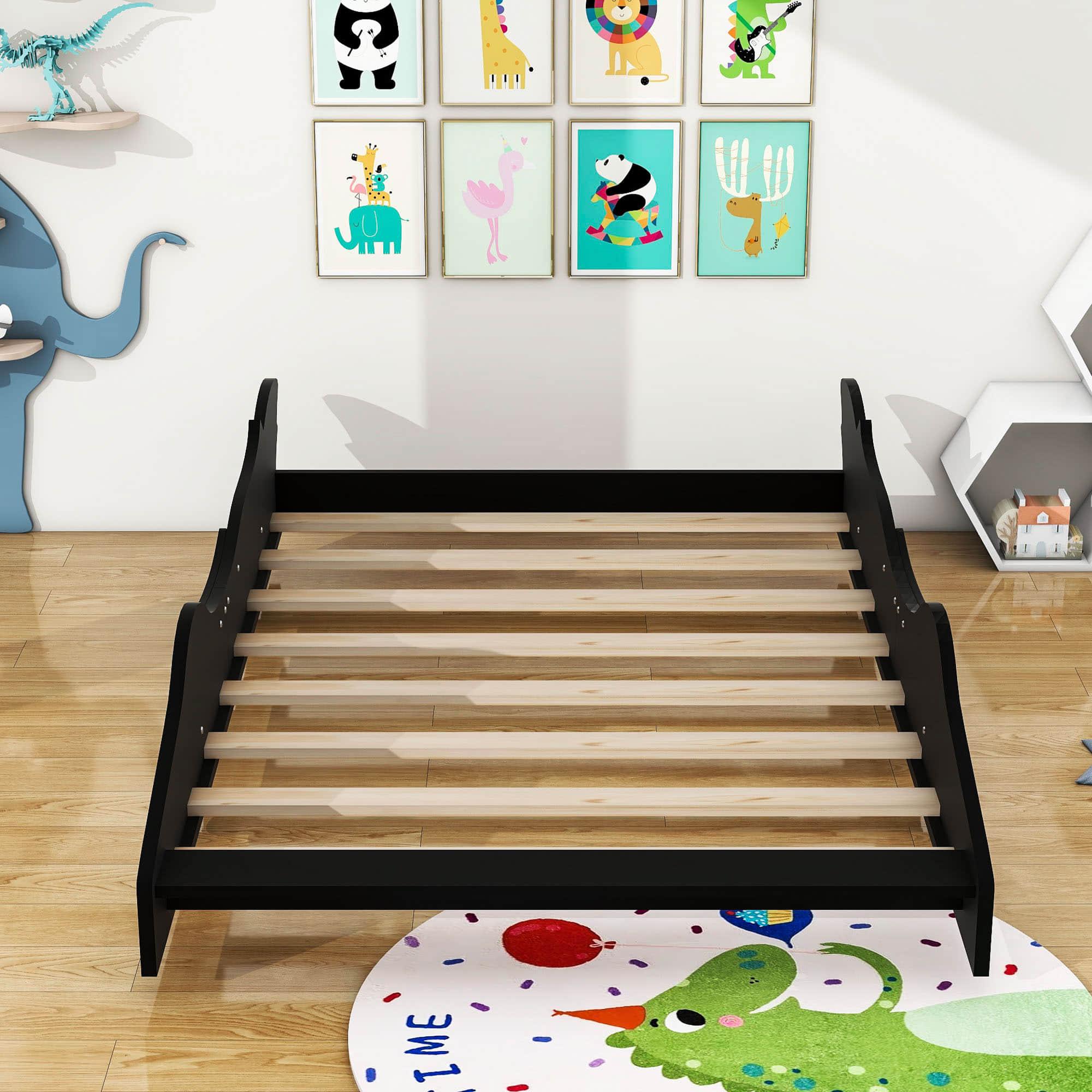 Wooden Low Full Size Race Car Kids Bed with Wheels for Toddler, Boys