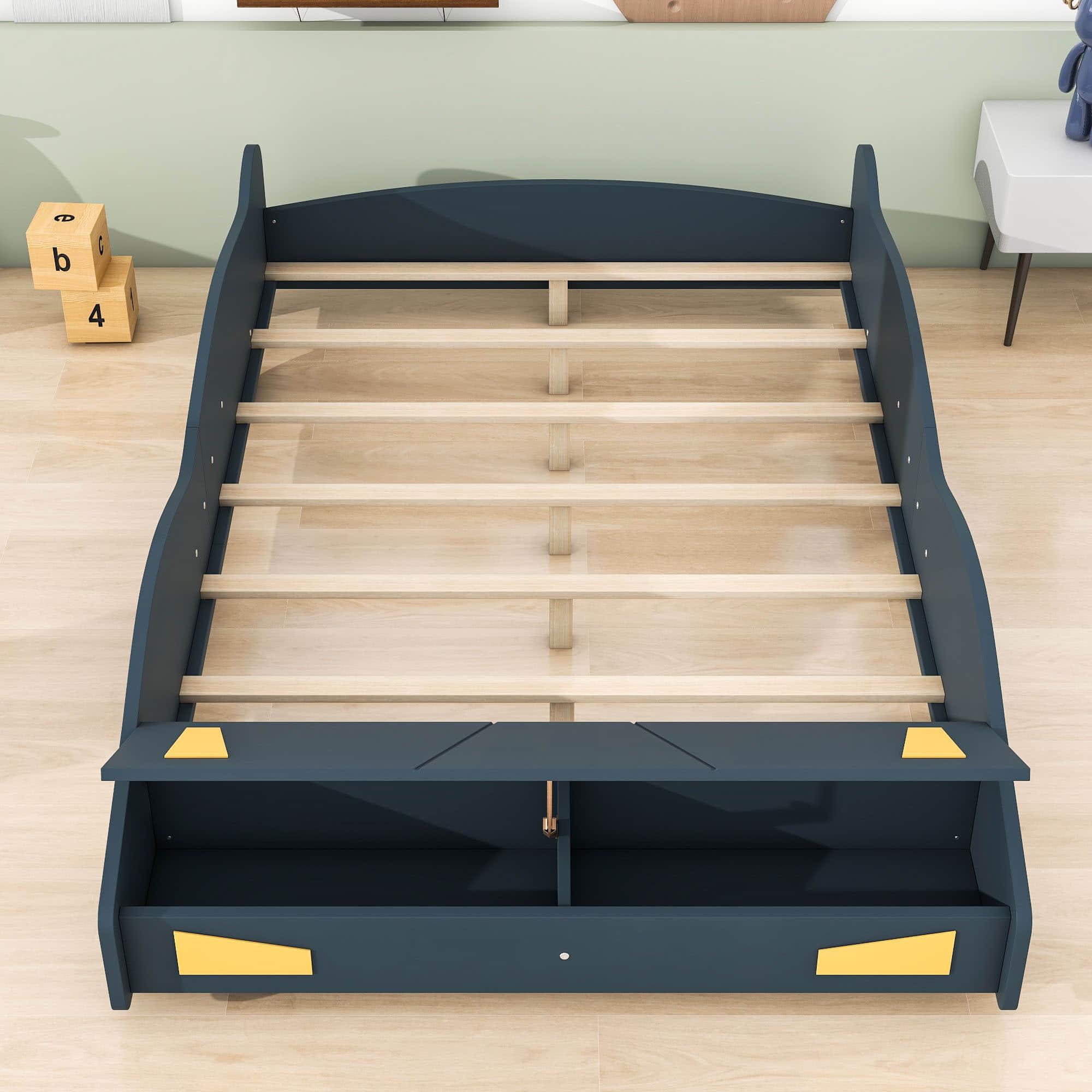 Full Size Low Race Car Kids Bed with Storage for Boys - [Wooden, Cabinet]