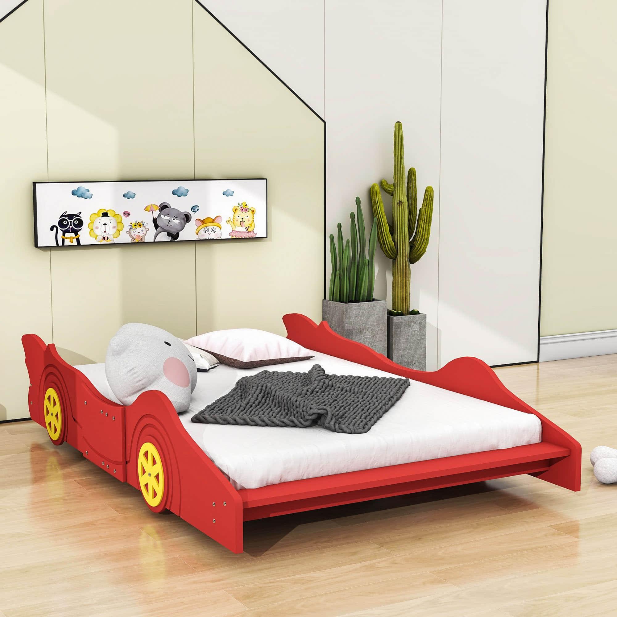 Wooden Low Full Size Race Car Kids Bed with Wheels for Toddler, Boys