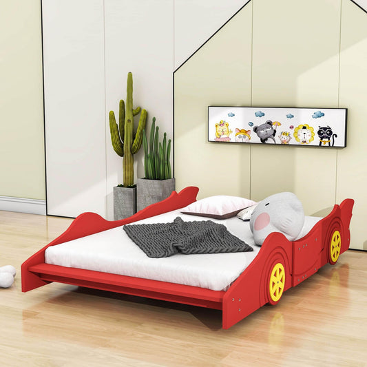 Wooden Low Full Size Race Car Kids Bed with Wheels for Toddler, Boys