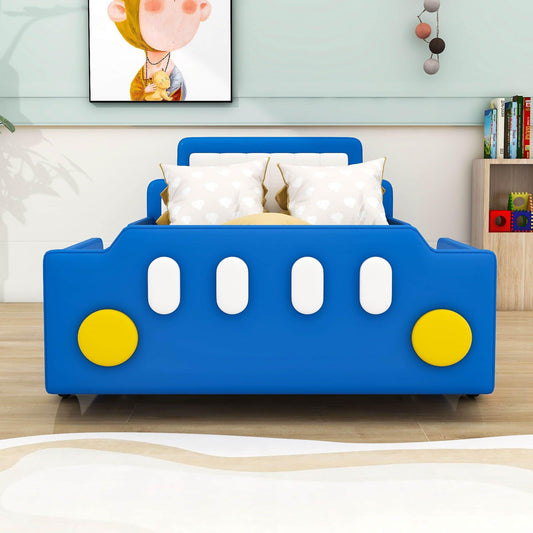 Twin Size Kids PU Leather Upholstered Car Bed for Boys and Girls