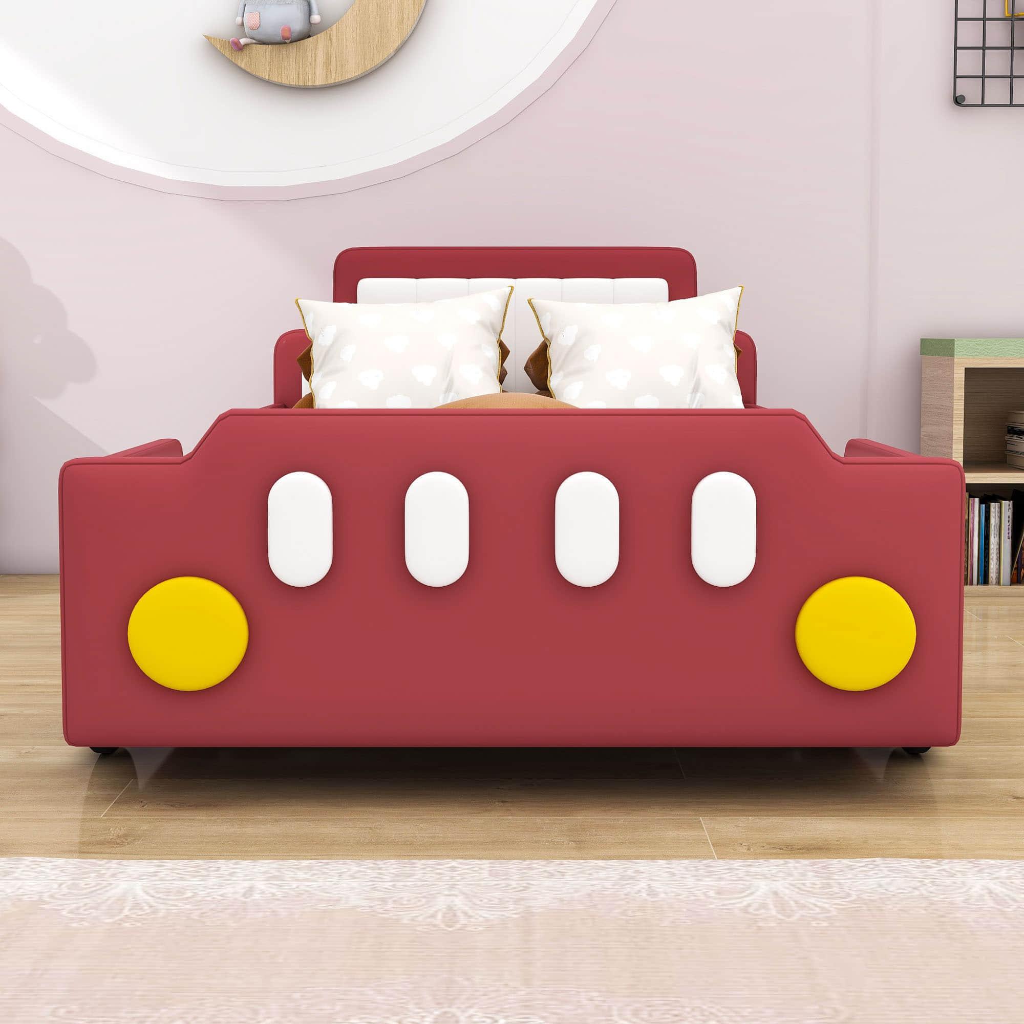 Twin Size Kids PU Leather Upholstered Car Bed for Boys and Girls