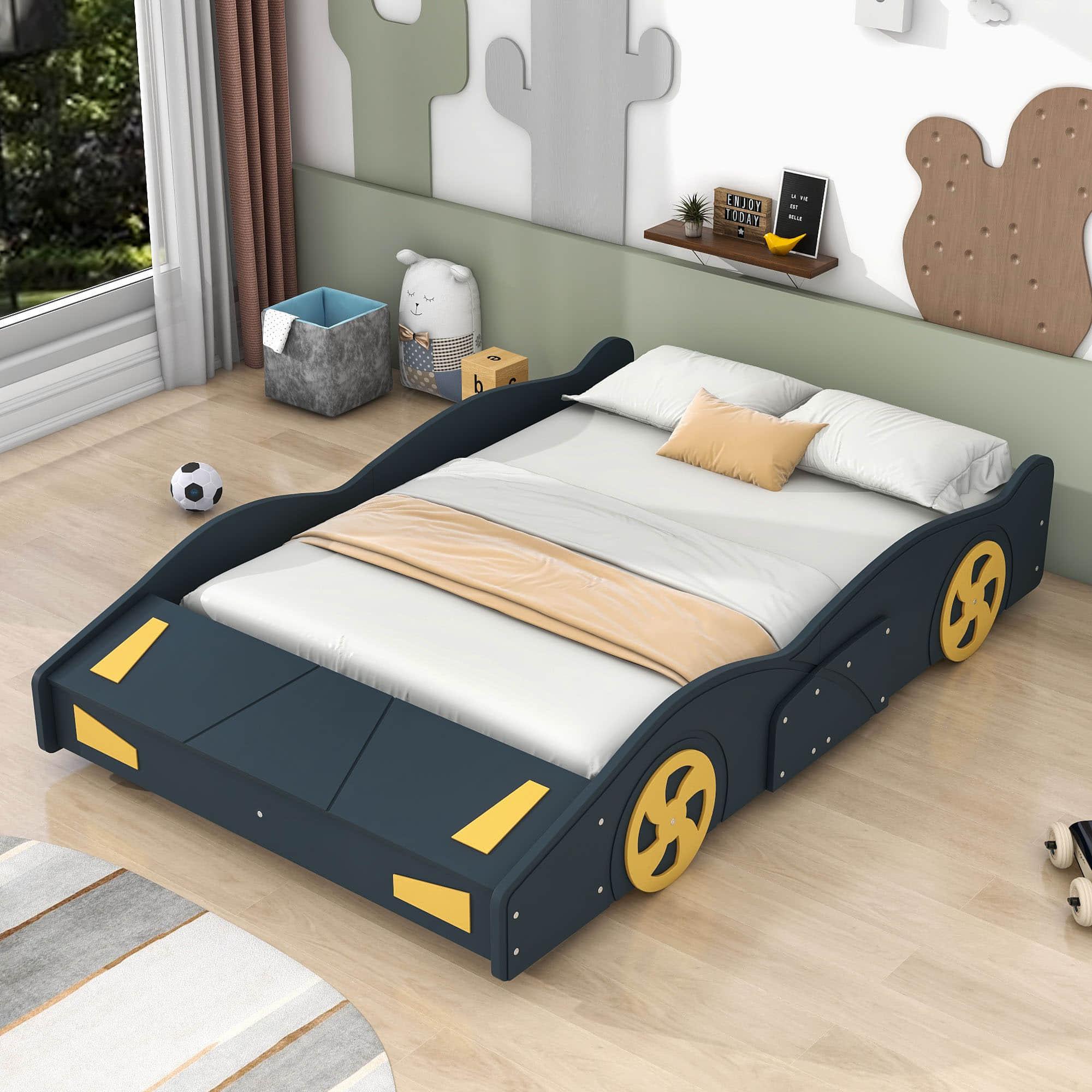 Full Size Low Race Car Kids Bed with Storage for Boys - [Wooden, Cabinet]