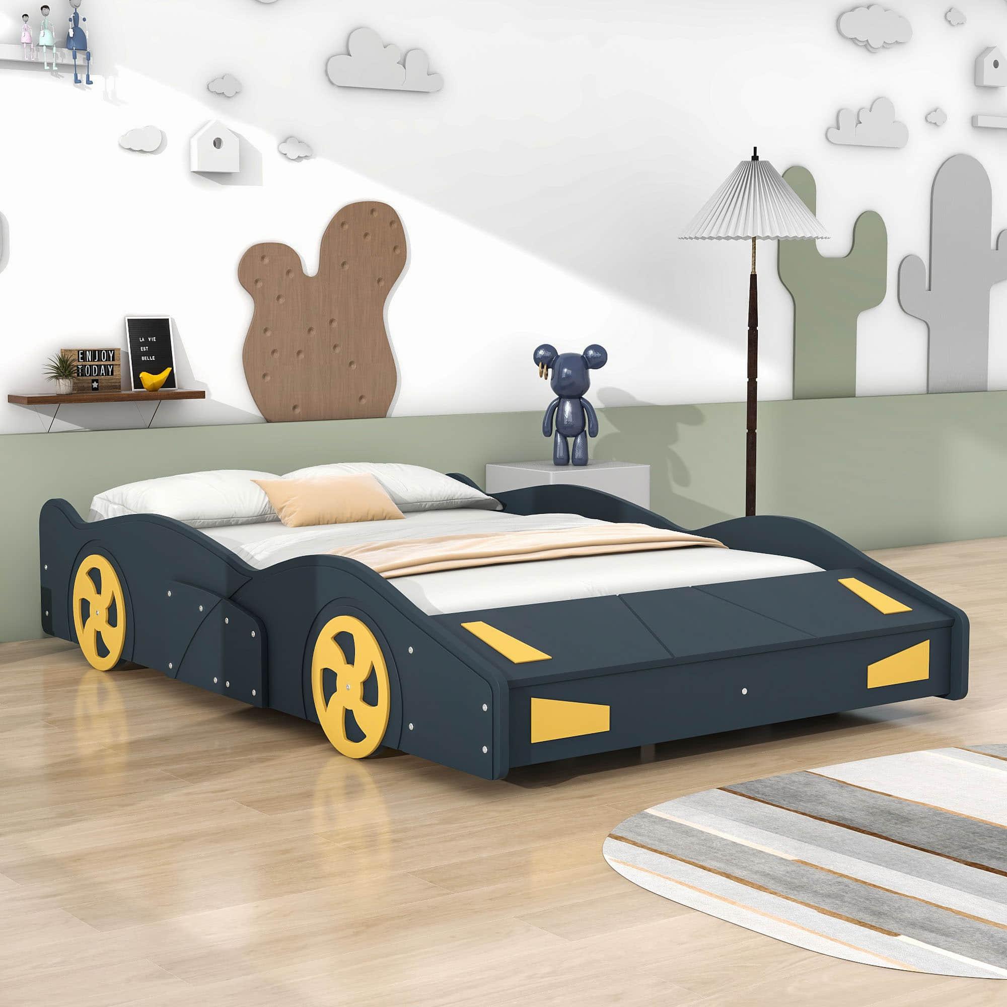 Full Size Low Race Car Kids Bed with Storage for Boys - [Wooden, Cabinet]