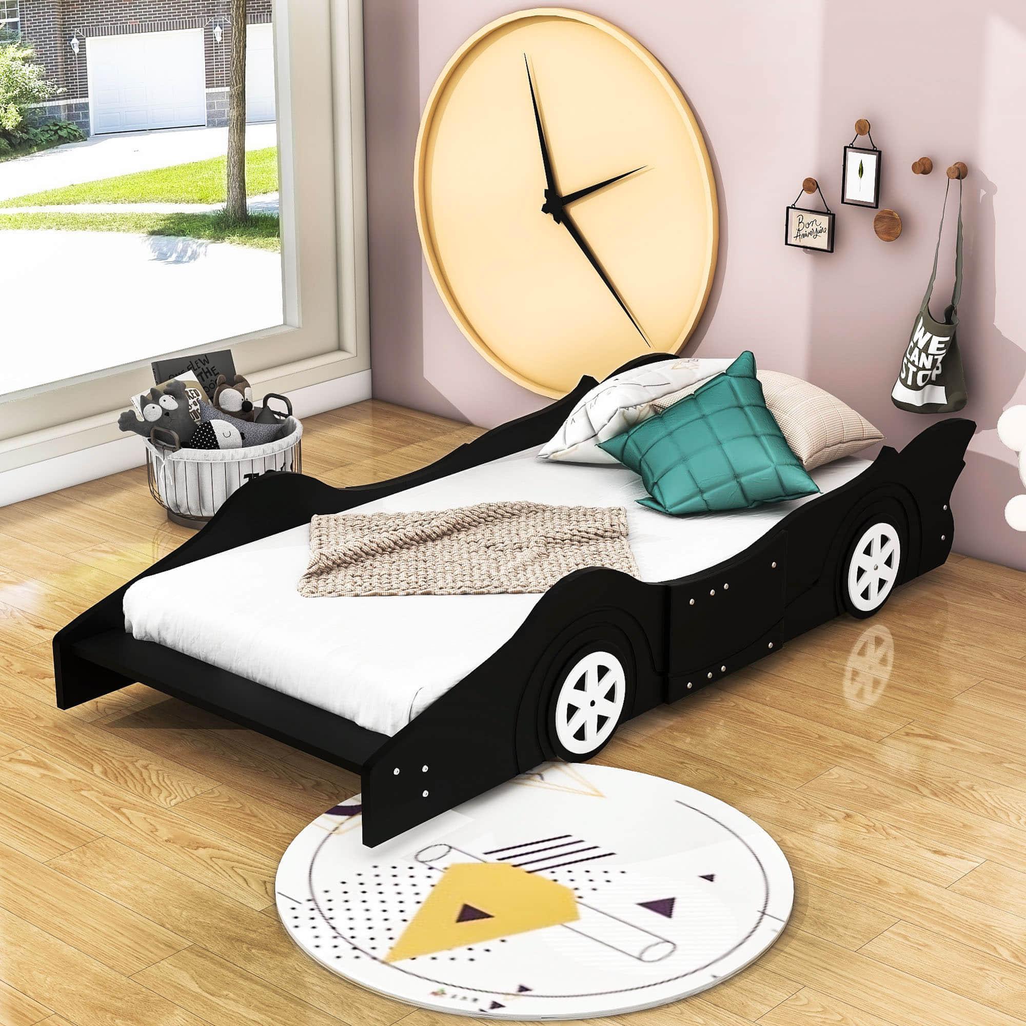 Wooden Low Twin Race Car Bed with Wheels for Toddler, Kids