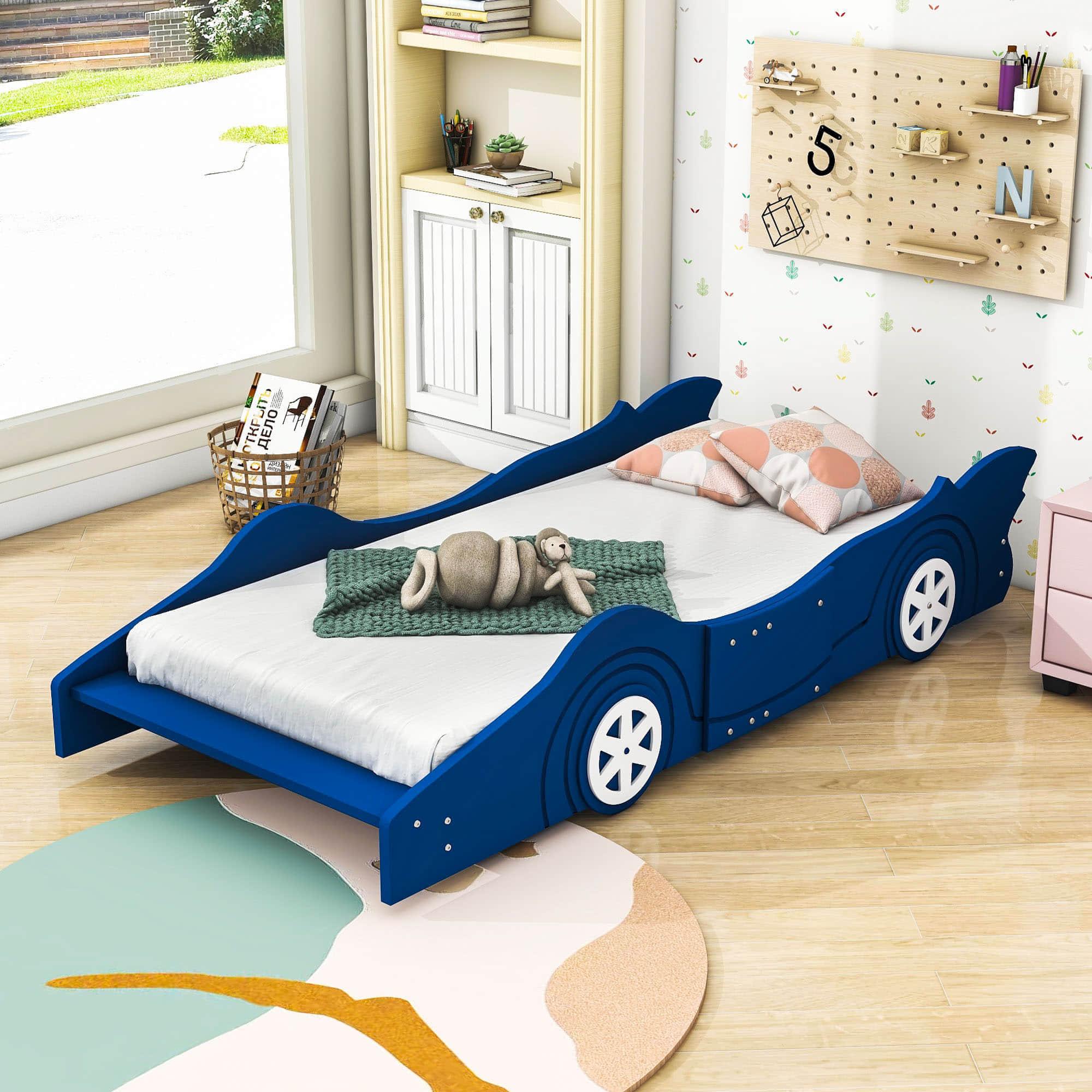 Wooden Low Twin Race Car Bed with Wheels for Toddler, Kids