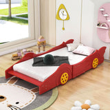 Wooden Low Twin Race Car Bed with Wheels for Toddler, Kids