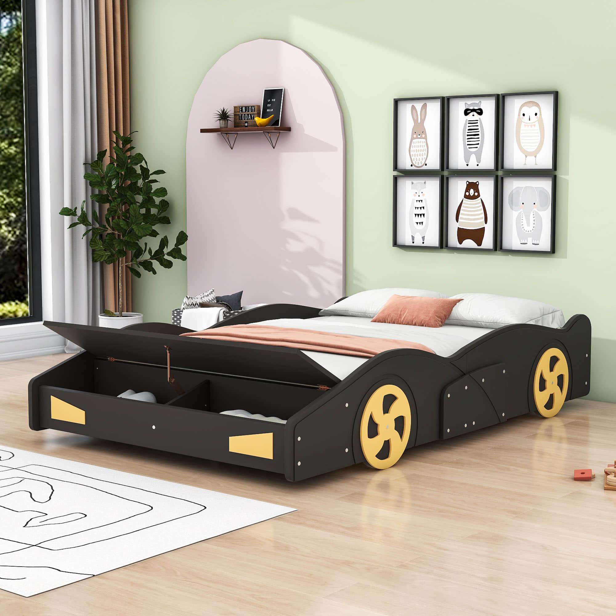 Full Size Low Race Car Kids Bed with Storage for Boys - [Wooden, Cabinet]