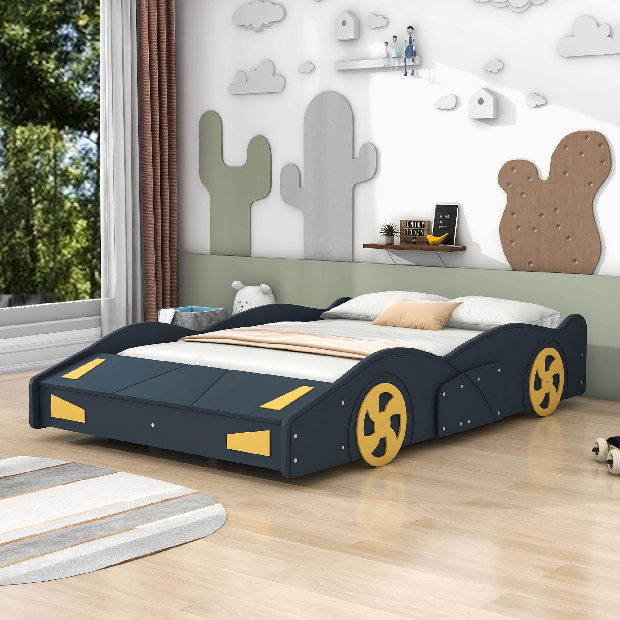 Full Size Low Race Car Kids Bed with Storage for Boys - [Wooden, Cabinet]