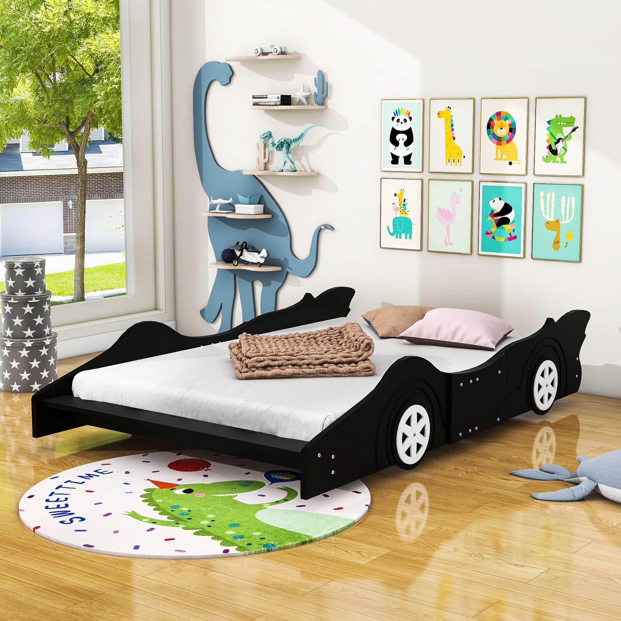 Wooden Low Full Size Race Car Kids Bed with Wheels for Toddler, Boys