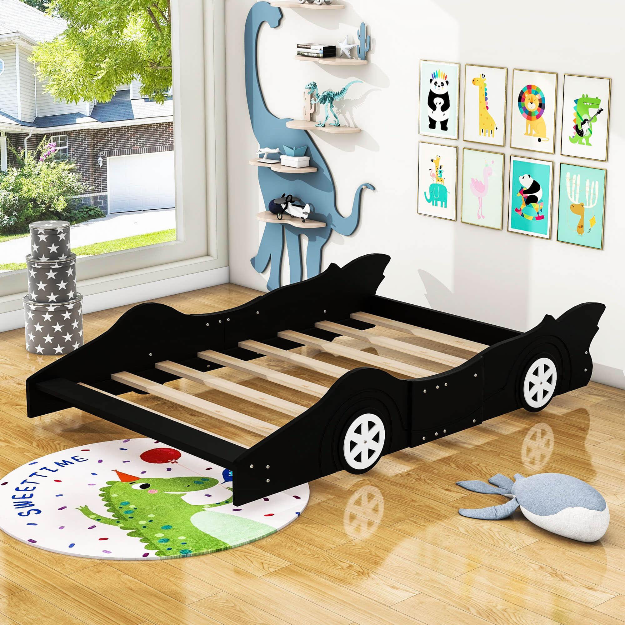 Wooden Low Full Size Race Car Kids Bed with Wheels for Toddler, Boys