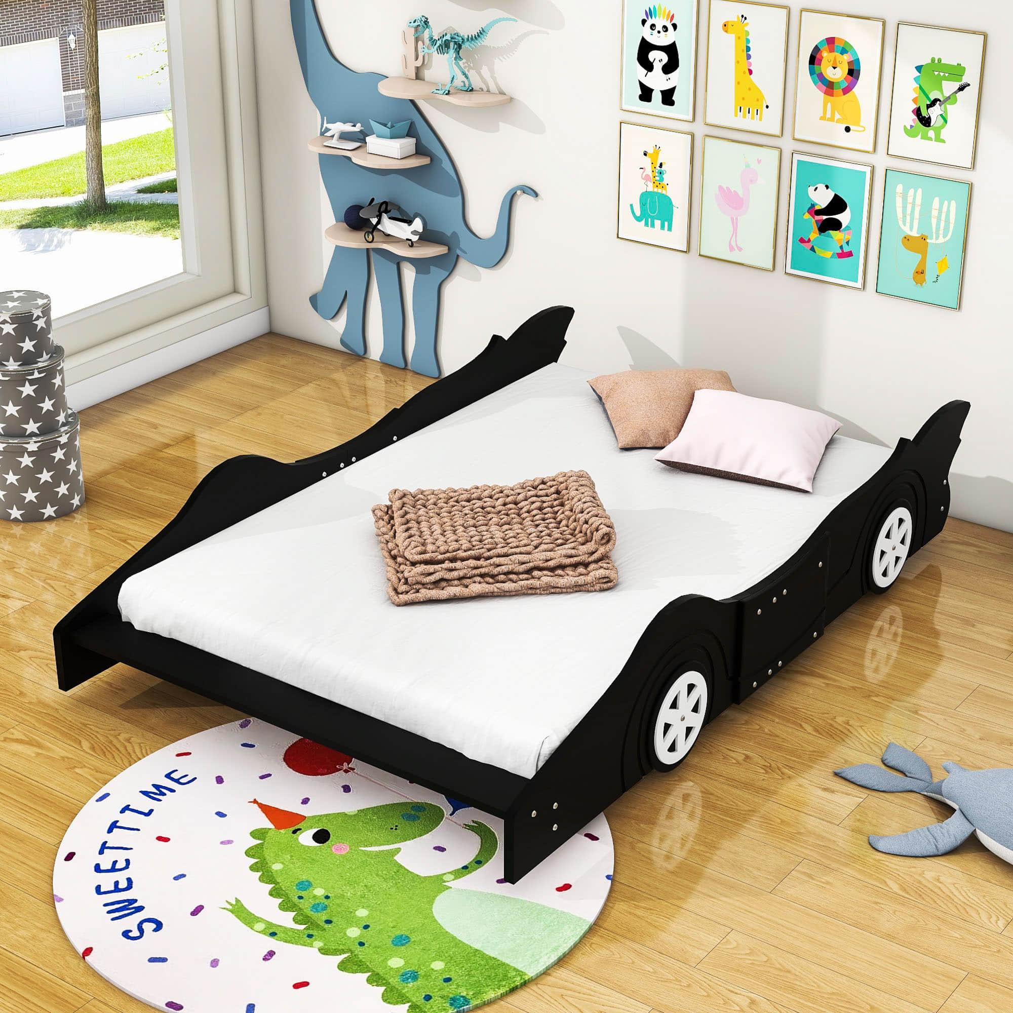 Wooden Low Full Size Race Car Kids Bed with Wheels for Toddler, Boys