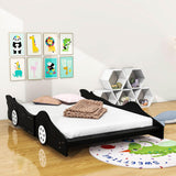 Wooden Low Full Size Race Car Kids Bed with Wheels for Toddler, Boys