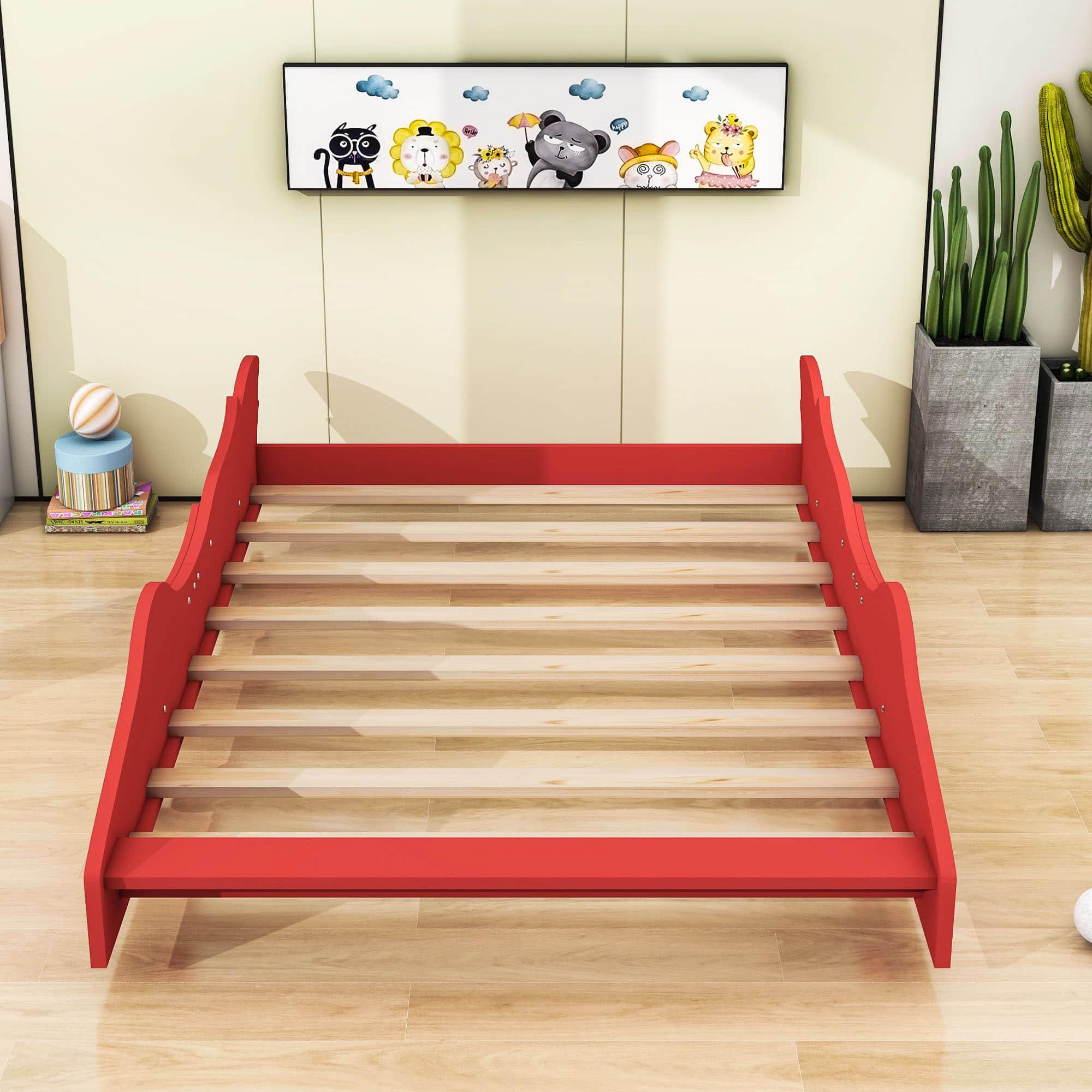 Wooden Low Full Size Race Car Kids Bed with Wheels for Toddler, Boys