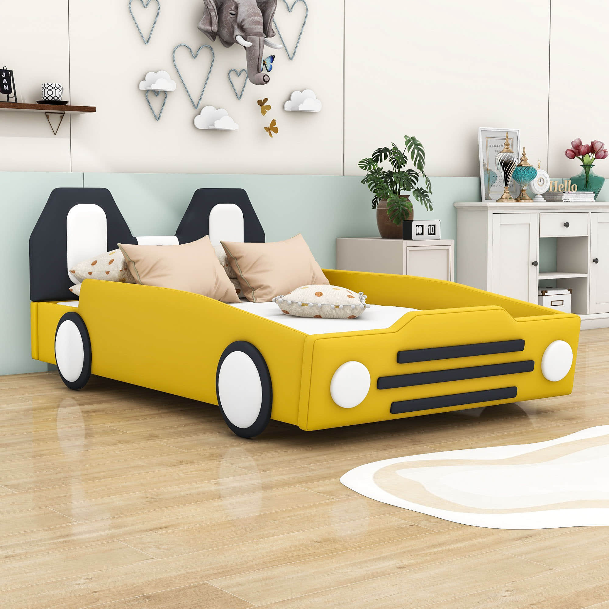 Twin Size Kids Upholstered Car Bed for Boys and Girls - [PU Leather]