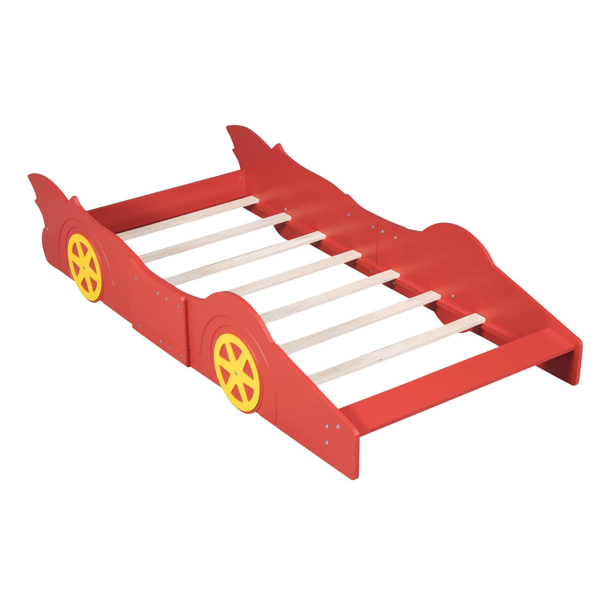 Wooden Low Twin Race Car Bed with Wheels for Toddler, Kids