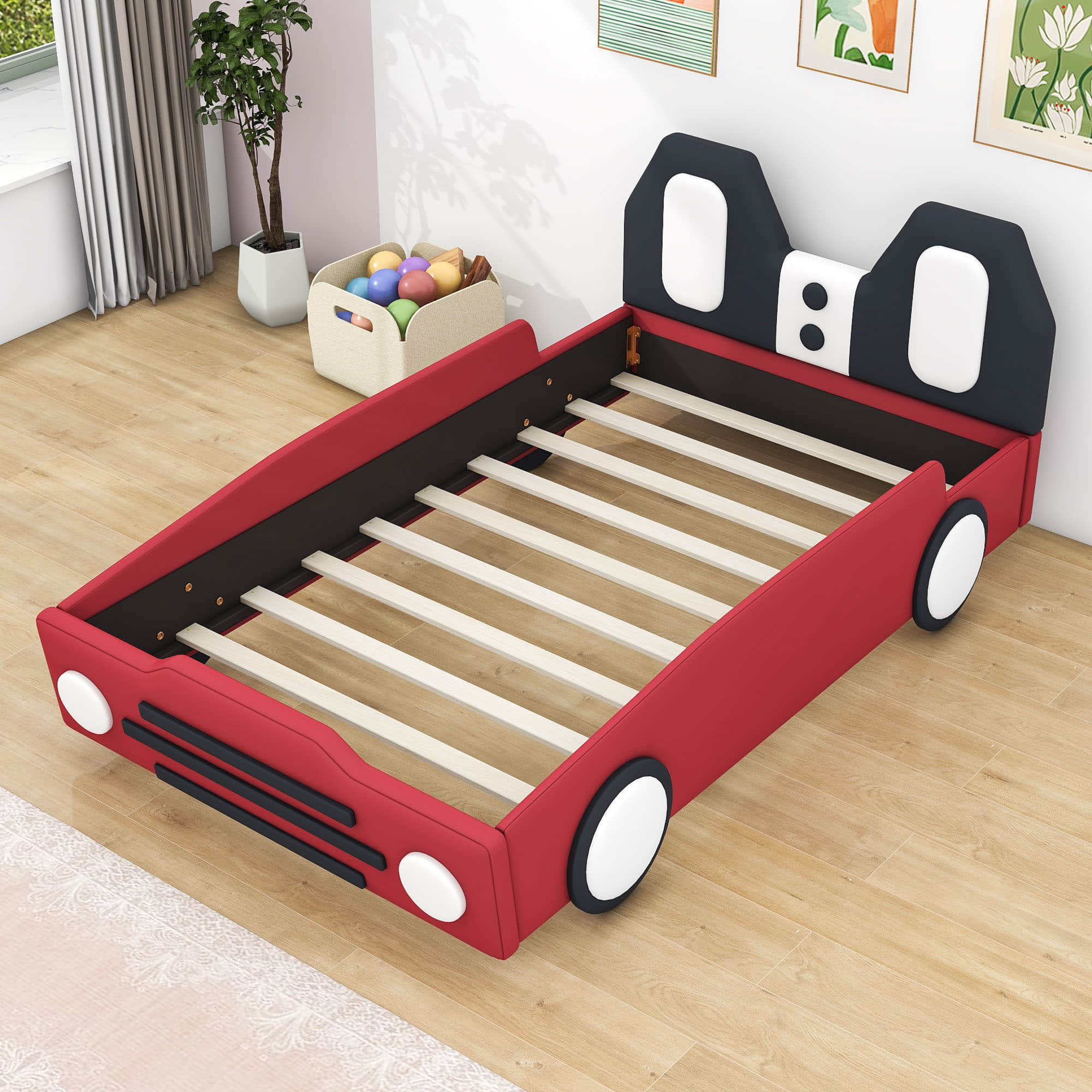 Twin Size Kids Upholstered Car Bed for Boys and Girls - [PU Leather]