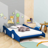 Wooden Low Full Size Race Car Kids Bed with Wheels for Toddler, Boys