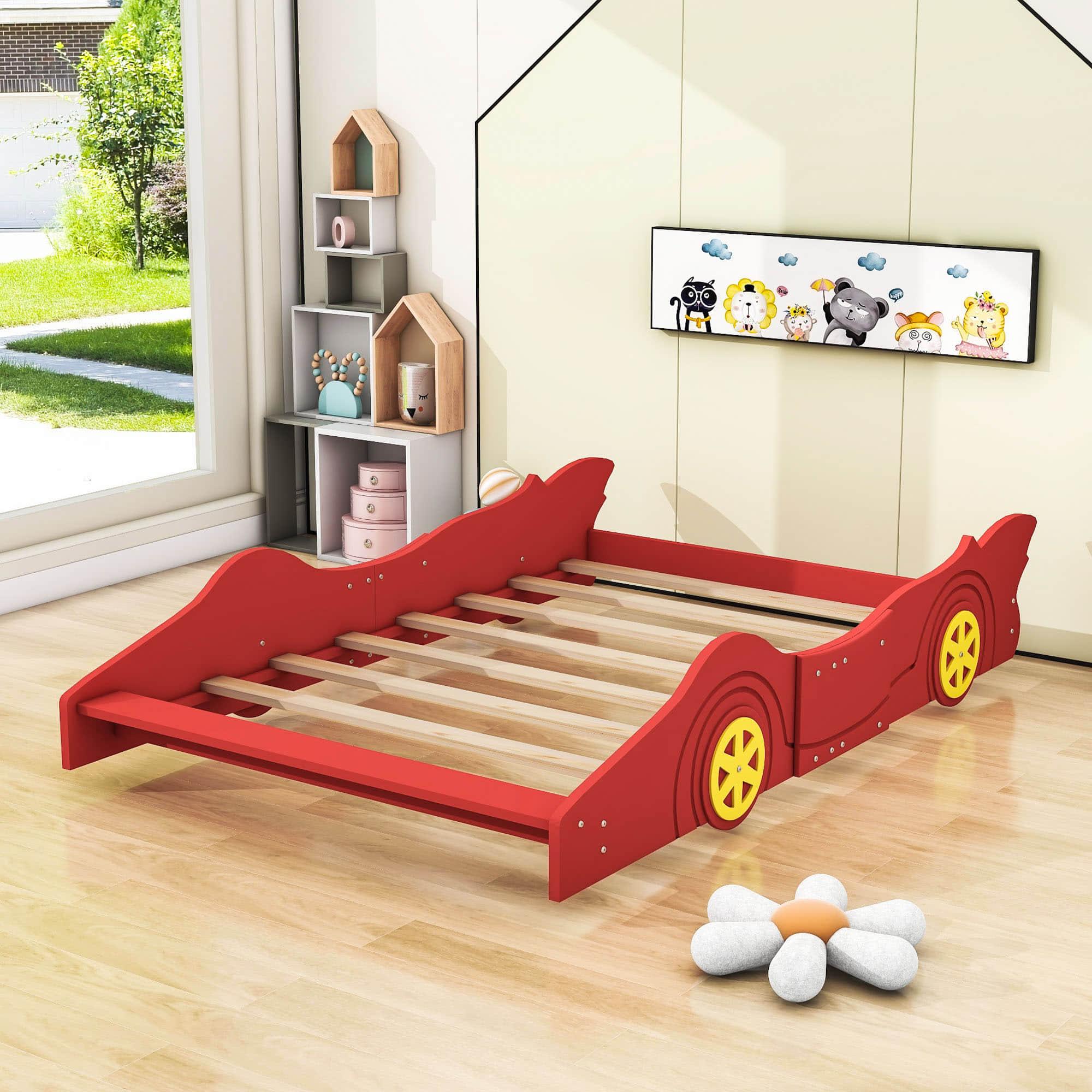 Wooden Low Full Size Race Car Kids Bed with Wheels for Toddler, Boys