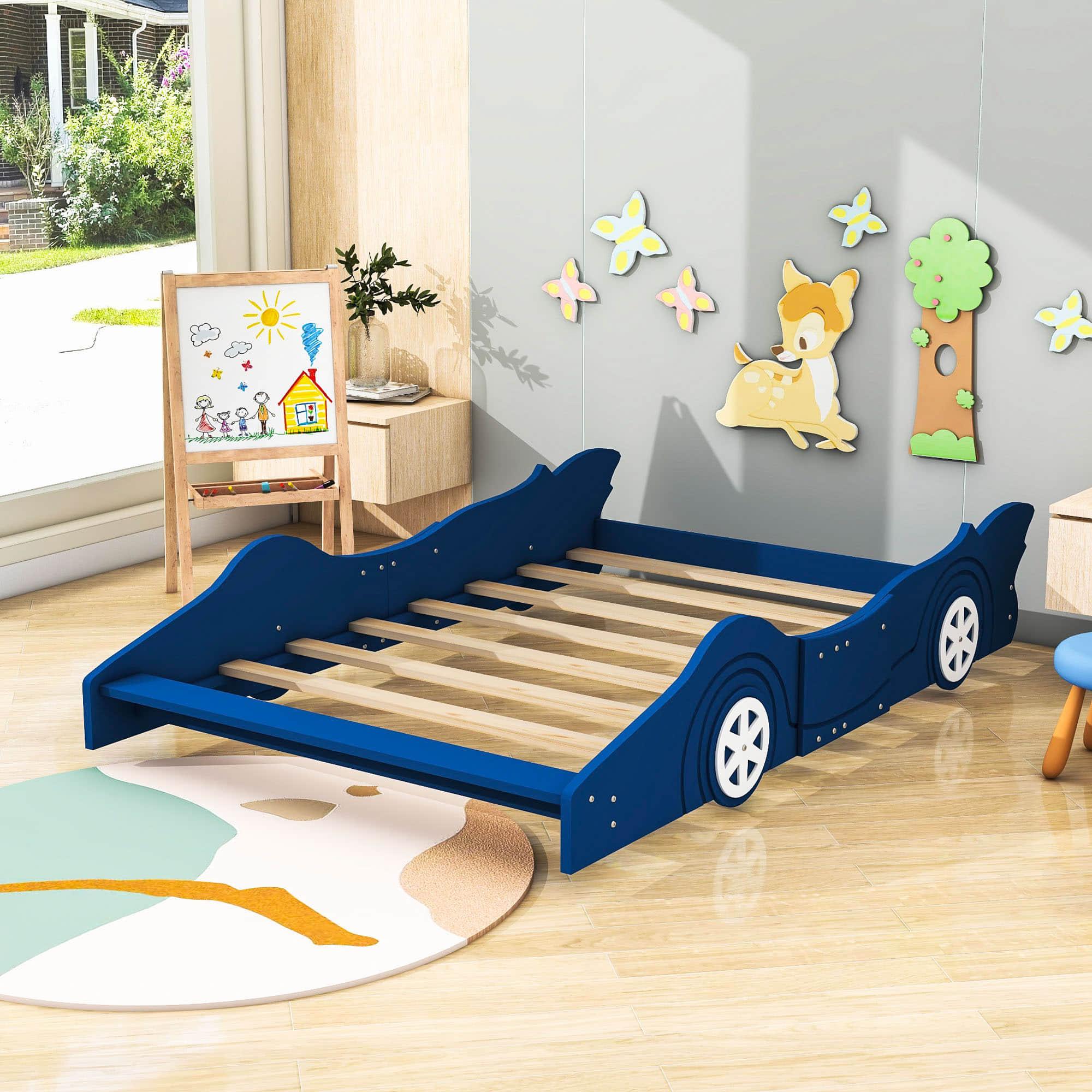 Wooden Low Full Size Race Car Kids Bed with Wheels for Toddler, Boys