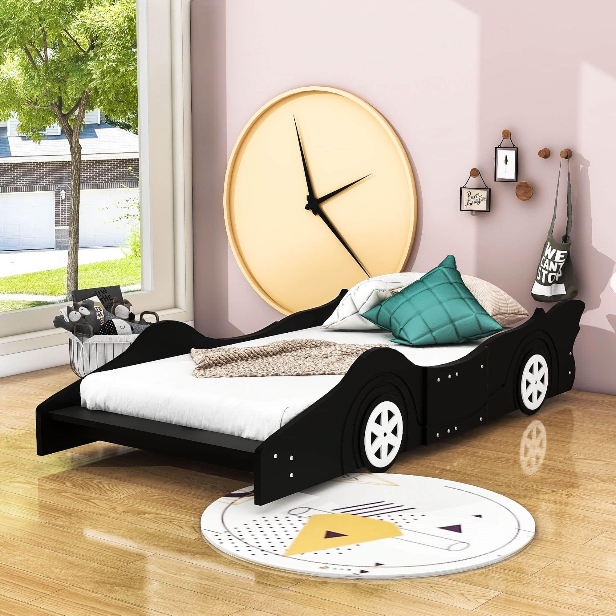 Wooden Low Twin Race Car Bed with Wheels for Toddler, Kids