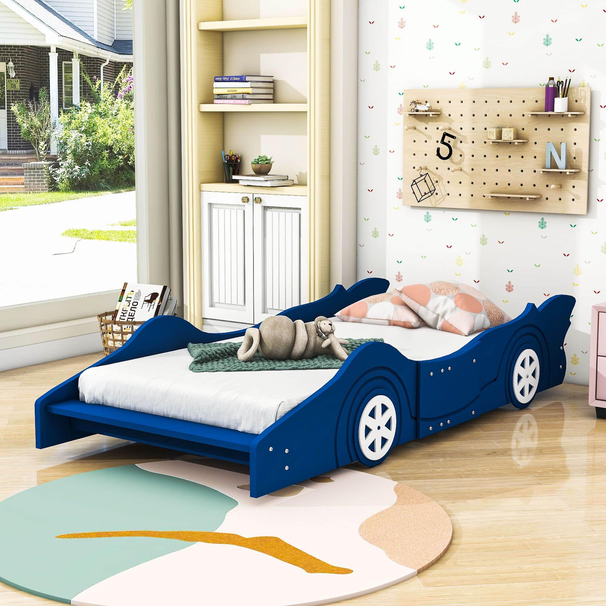 Wooden Low Twin Race Car Bed with Wheels for Toddler, Kids