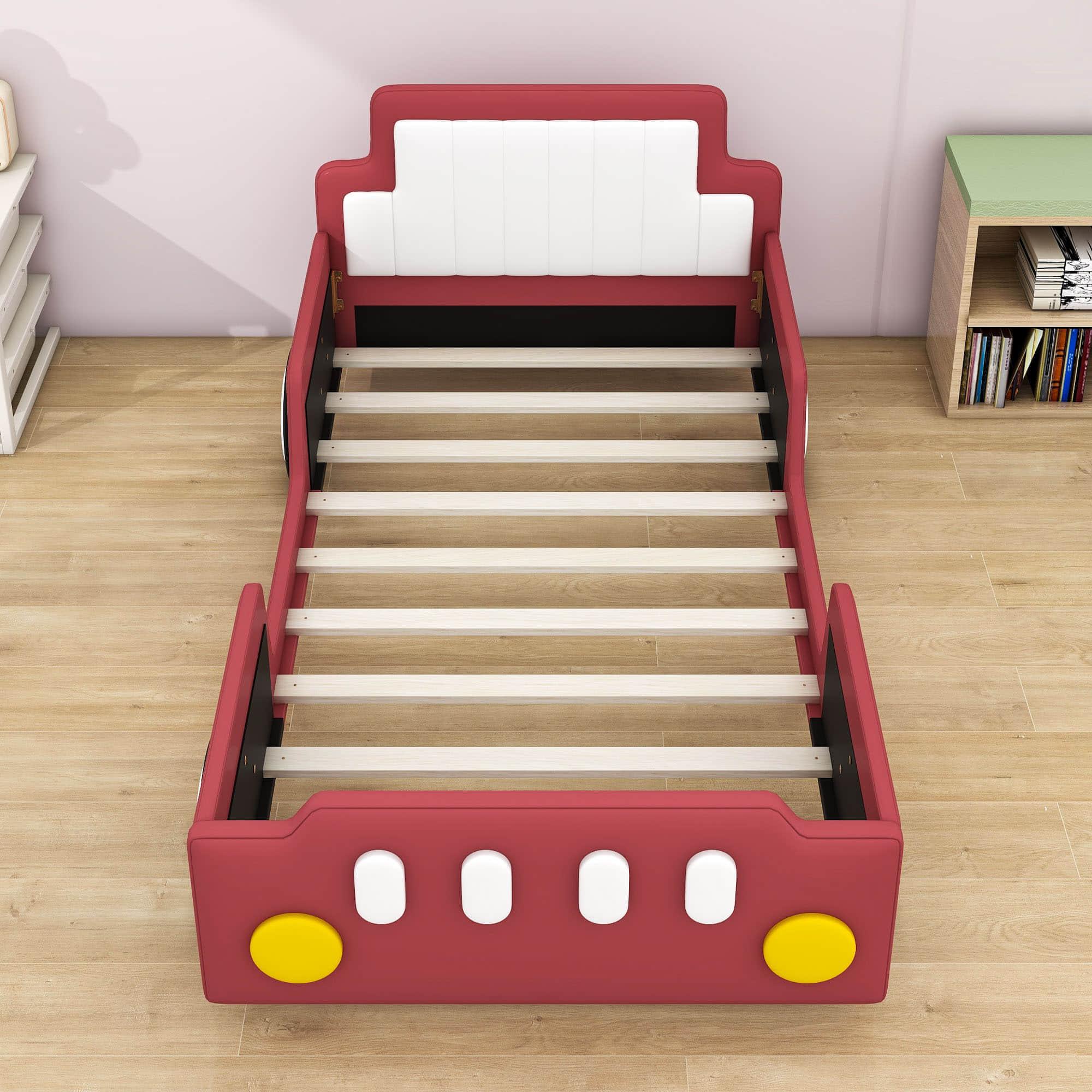 Twin Size Kids PU Leather Upholstered Car Bed for Boys and Girls