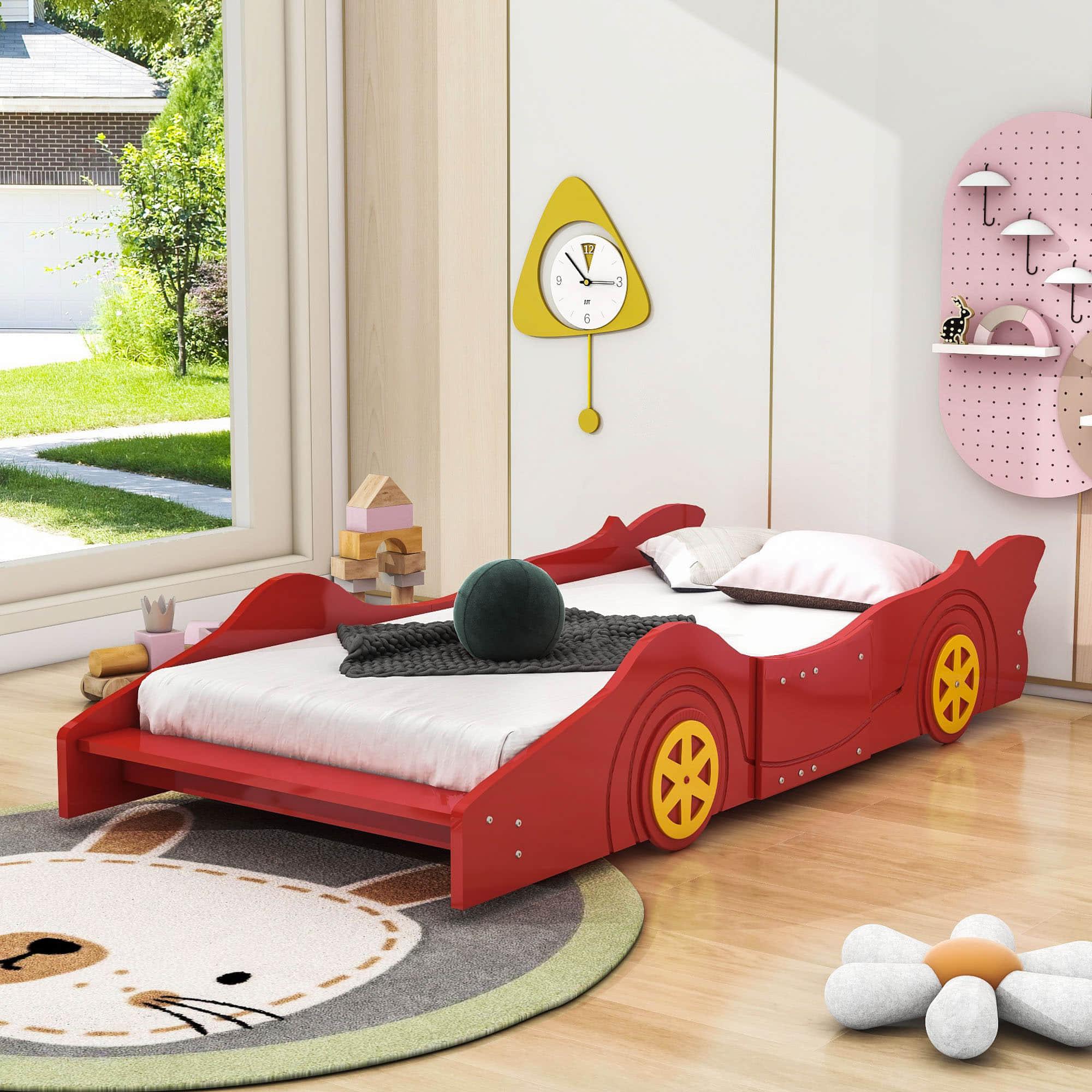 Wooden Low Twin Race Car Bed with Wheels for Toddler, Kids