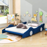 Wooden Low Full Size Race Car Kids Bed with Wheels for Toddler, Boys