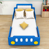 Twin Size Kids PU Leather Upholstered Car Bed for Boys and Girls