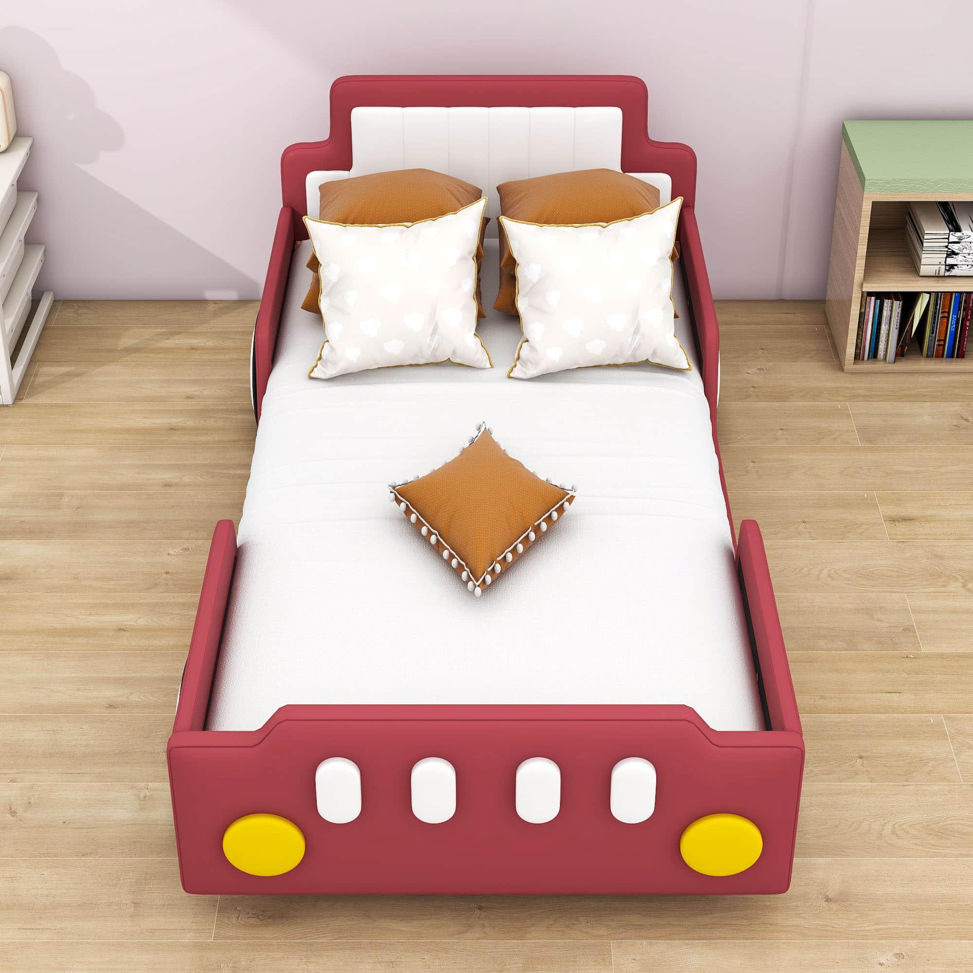 Twin Size Kids PU Leather Upholstered Car Bed for Boys and Girls