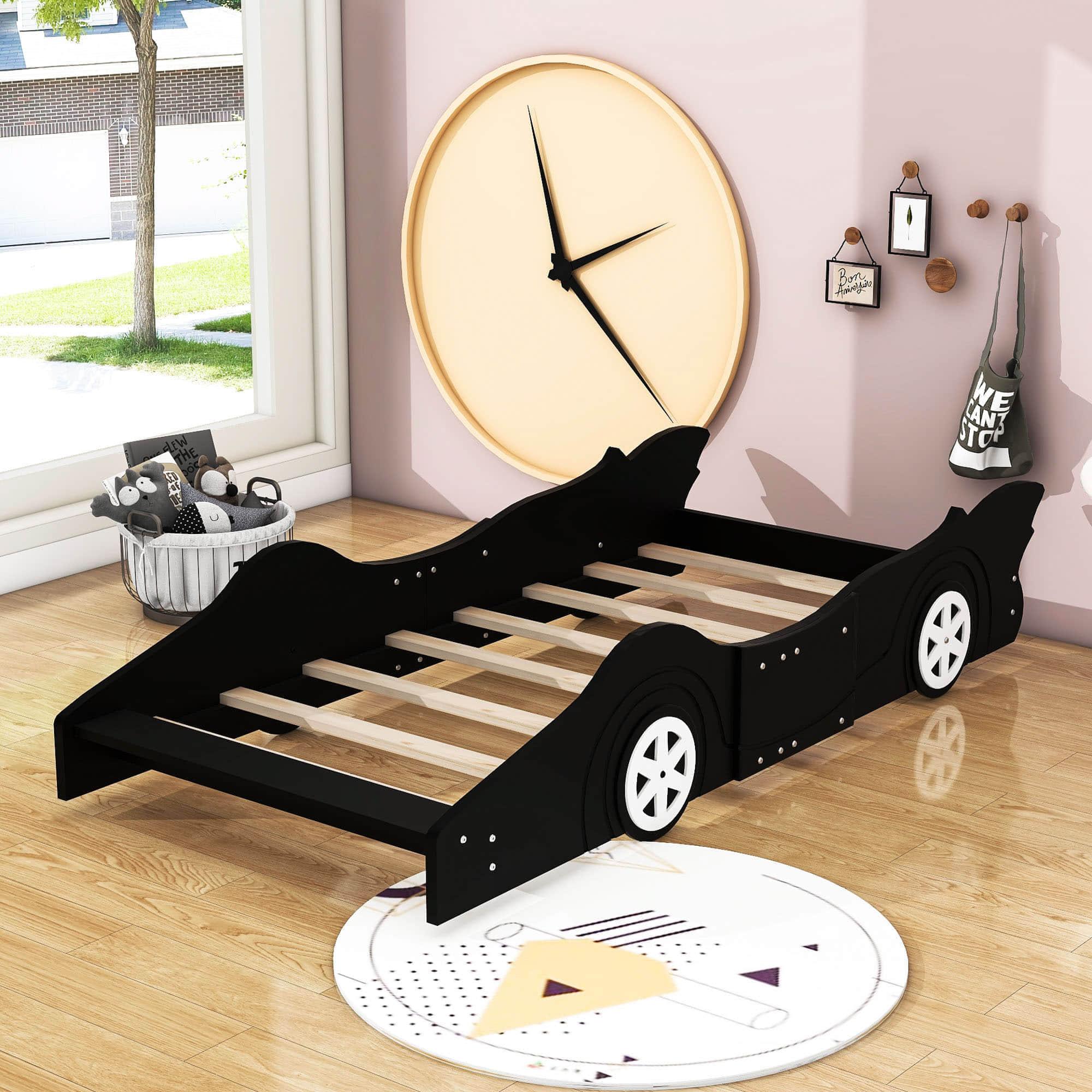 Wooden Low Twin Race Car Bed with Wheels for Toddler, Kids