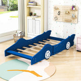 Wooden Low Twin Race Car Bed with Wheels for Toddler, Kids