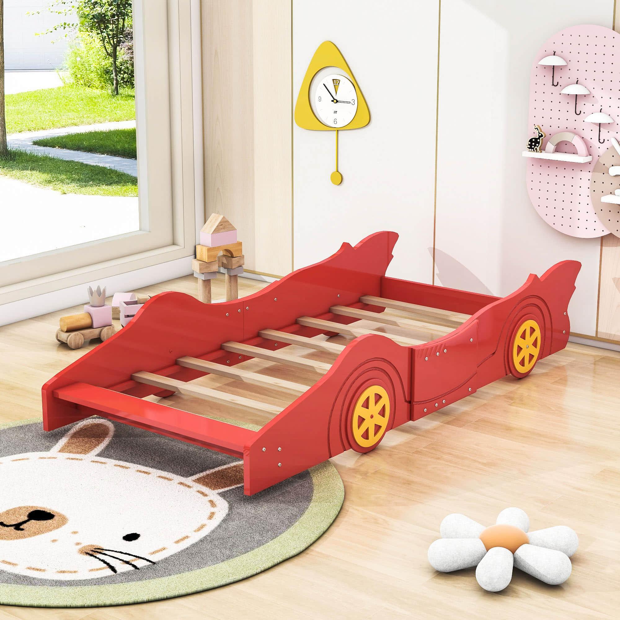 Wooden Low Twin Race Car Bed with Wheels for Toddler, Kids