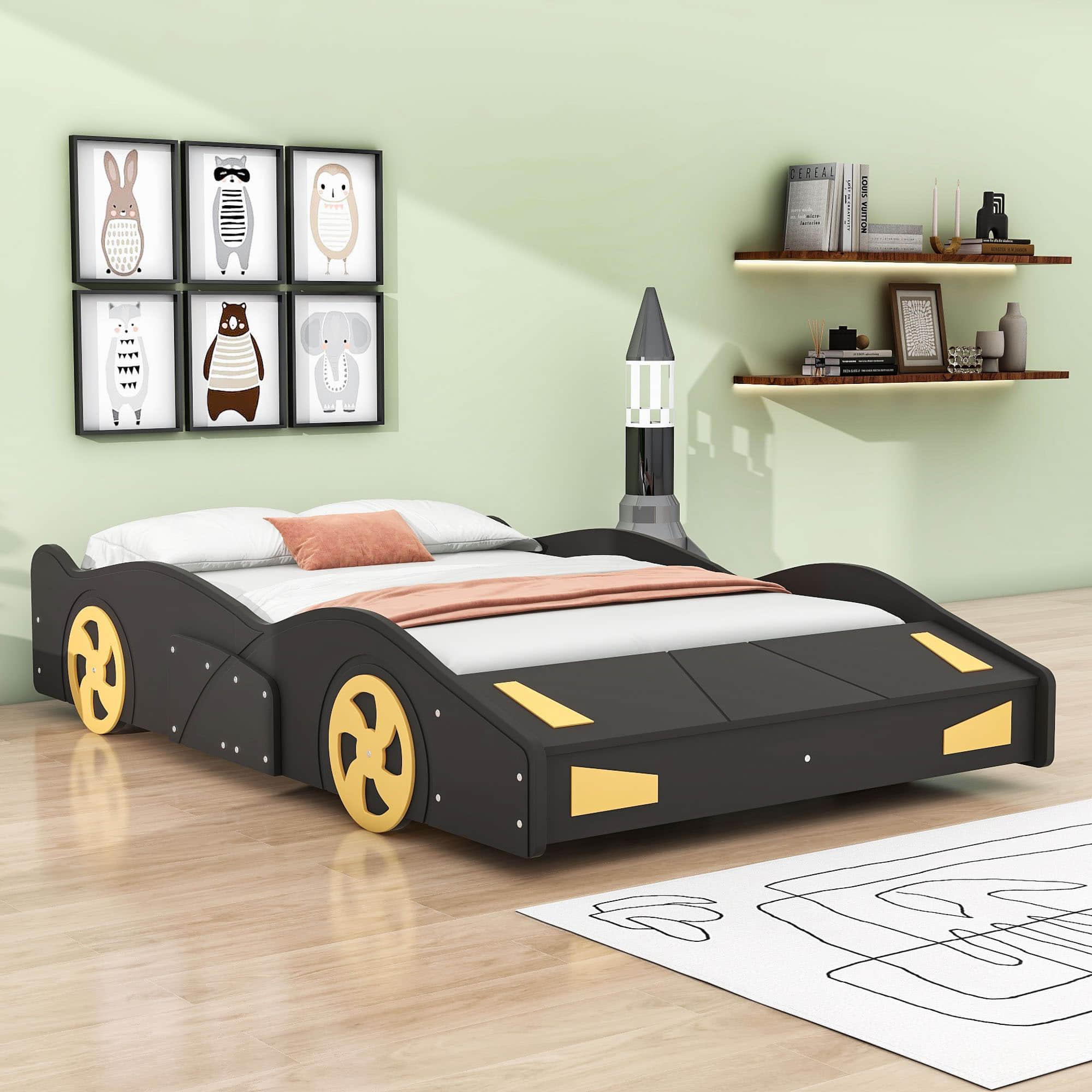 Full Size Low Race Car Kids Bed with Storage for Boys - [Wooden, Cabinet]