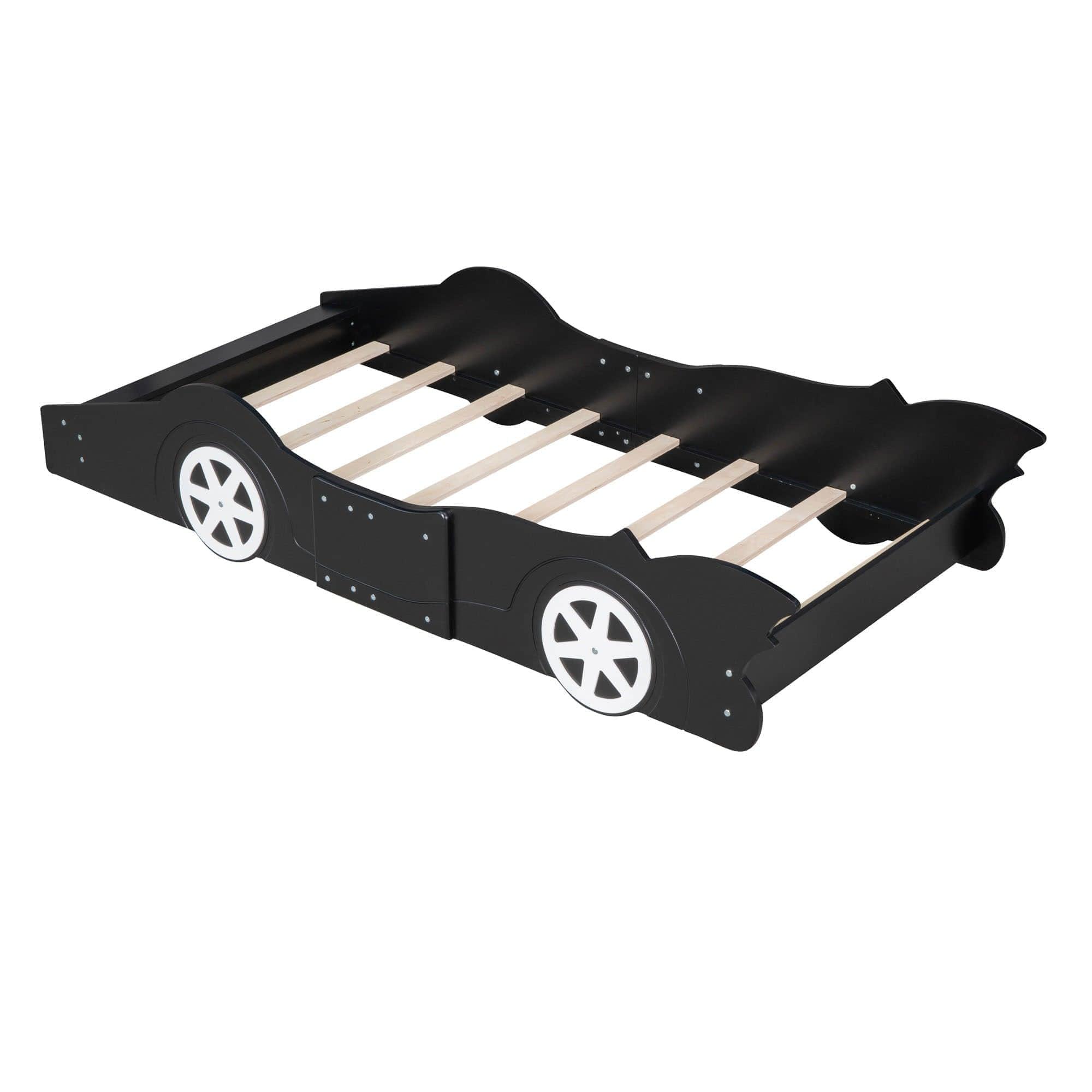 Wooden Low Twin Race Car Bed with Wheels for Toddler, Kids