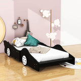 Wooden Low Twin Race Car Bed with Wheels for Toddler, Kids