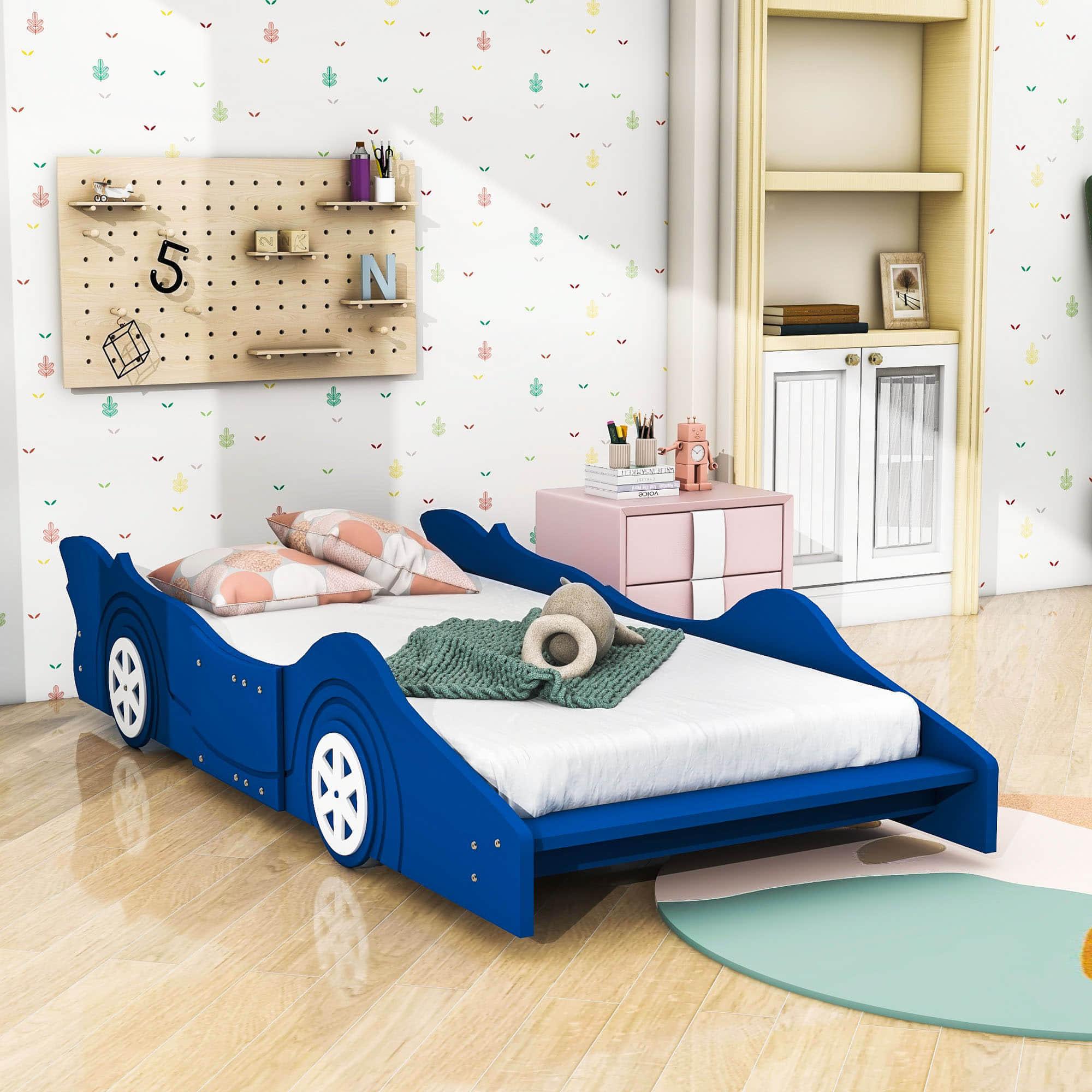 Wooden Low Twin Race Car Bed with Wheels for Toddler, Kids