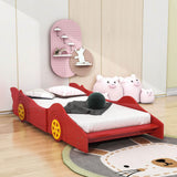 Wooden Low Twin Race Car Bed with Wheels for Toddler, Kids