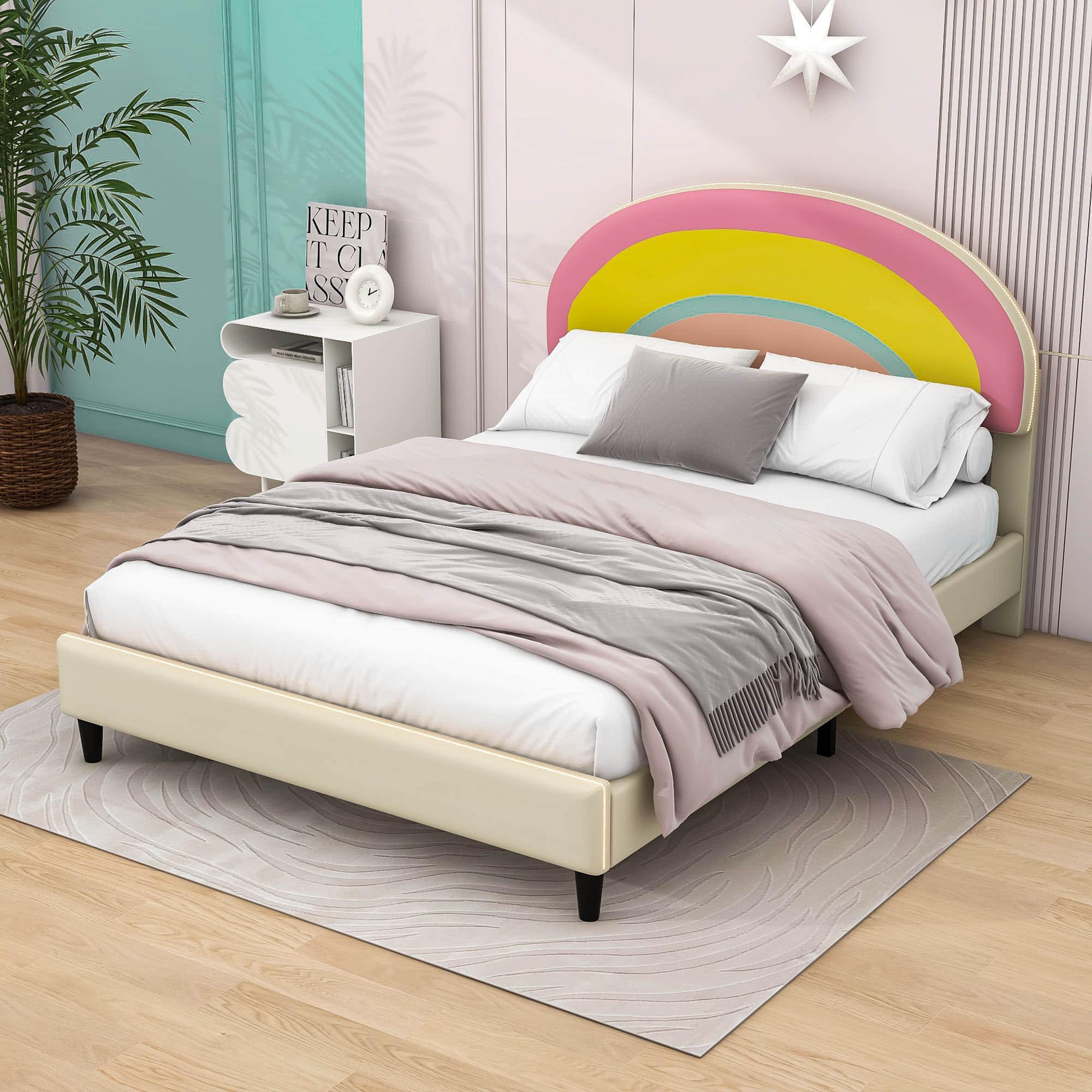 Cute Full Size Upholstered Platform Bed Frame with Rainbow Headboard