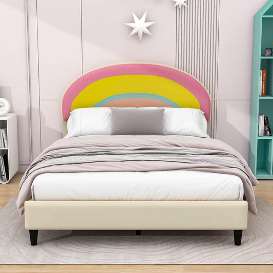 Cute Full Size Upholstered Platform Bed Frame with Rainbow Headboard